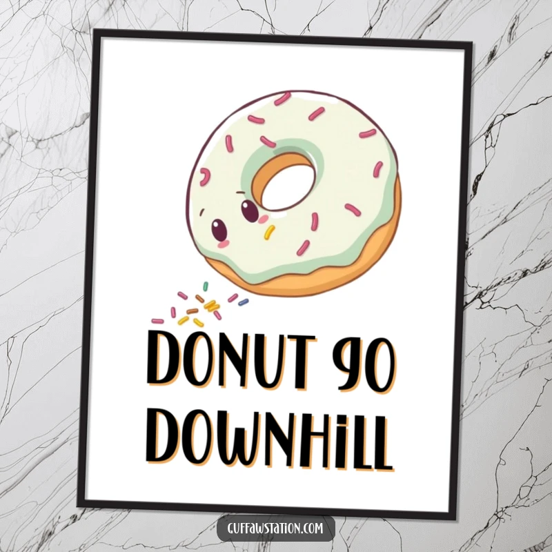 Funny clumsy donut character rolling downhill, leaving sprinkles, displayed as a sweet and humorous art print.