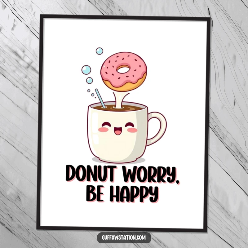 Funny poster showing a coffee mug enthusiastically belching bubbles towards a surprised, floating donut, a comical breakfast scene.