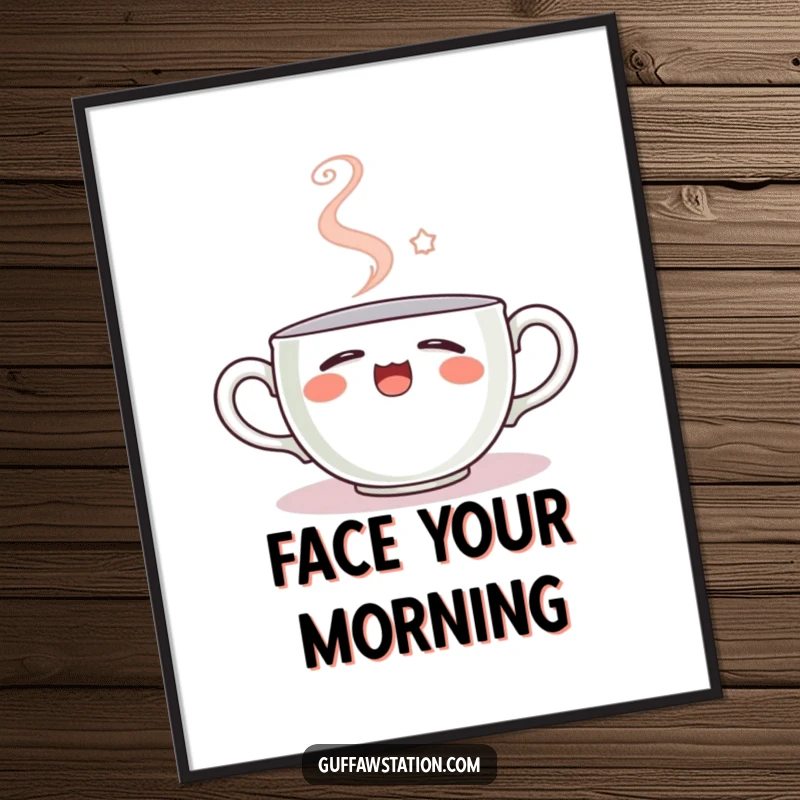 Funny poster depicting a sleepy teacup yawning, with steam forming a smiley face, a charming and humorous piece of wall art.
