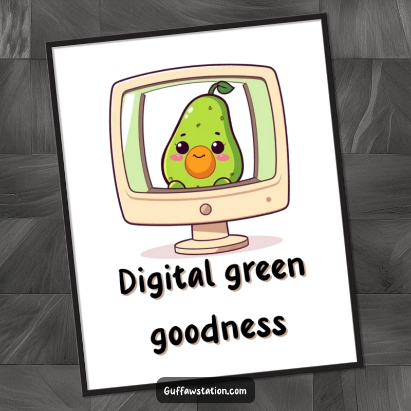 Funny poster art of a curious avocado peeking from a giant computer screen, perfect for humorous tech decor.