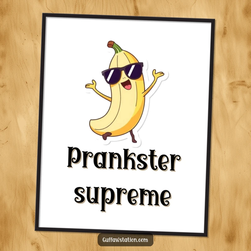 Funny mischievous banana peel character wearing sunglasses, doing a sneaky trick, displayed as a humorous art print.