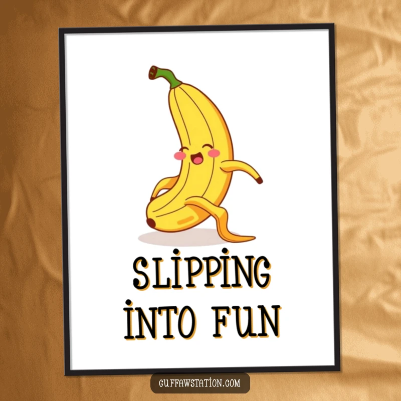 Funny poster showing a giggling banana in a dramatic, exaggerated slip on a banana peel, captured with comical dynamism and a funny face.