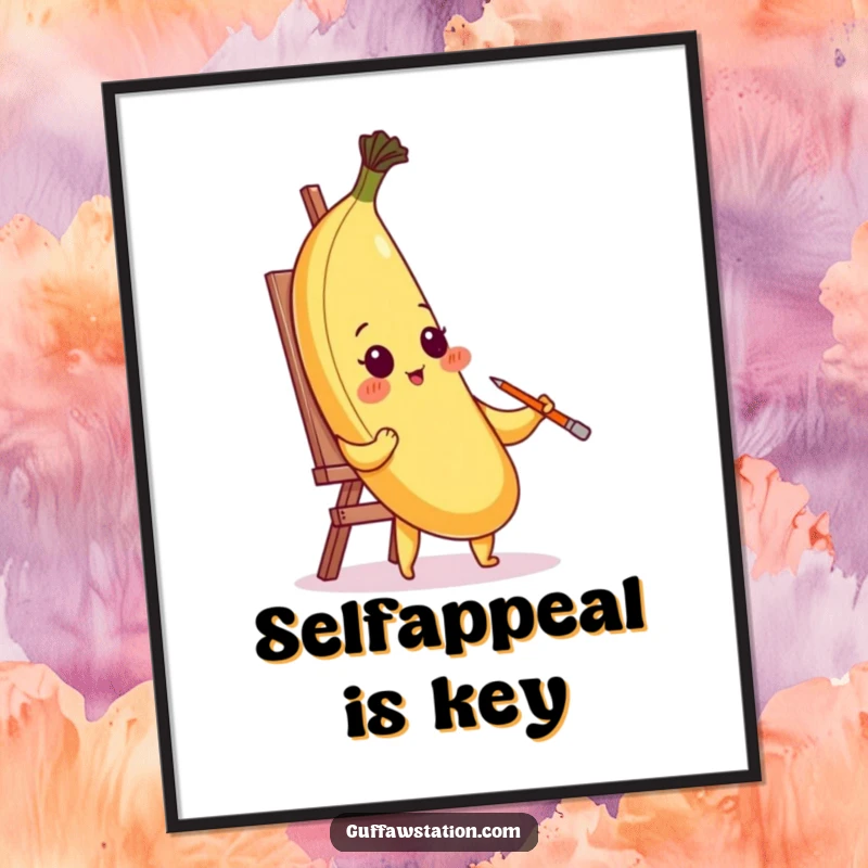 Funny blushing banana art print of it painting its self-portrait with its peel, embodying humorous artistic endeavors.