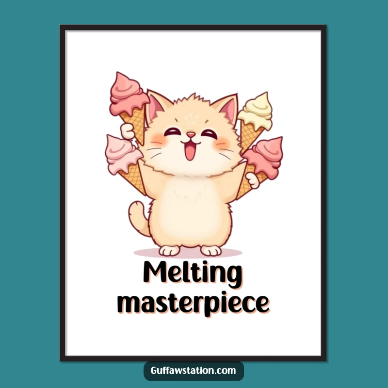 Funny Cat Juggling Ice Cream Poster: Sweet Chaos for Your Walls, Unique Funny Gift