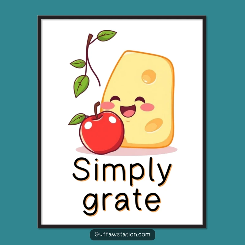 Funny Cheese Catching Apple Poster - Whimsical Cartoon Art & Funny Gift