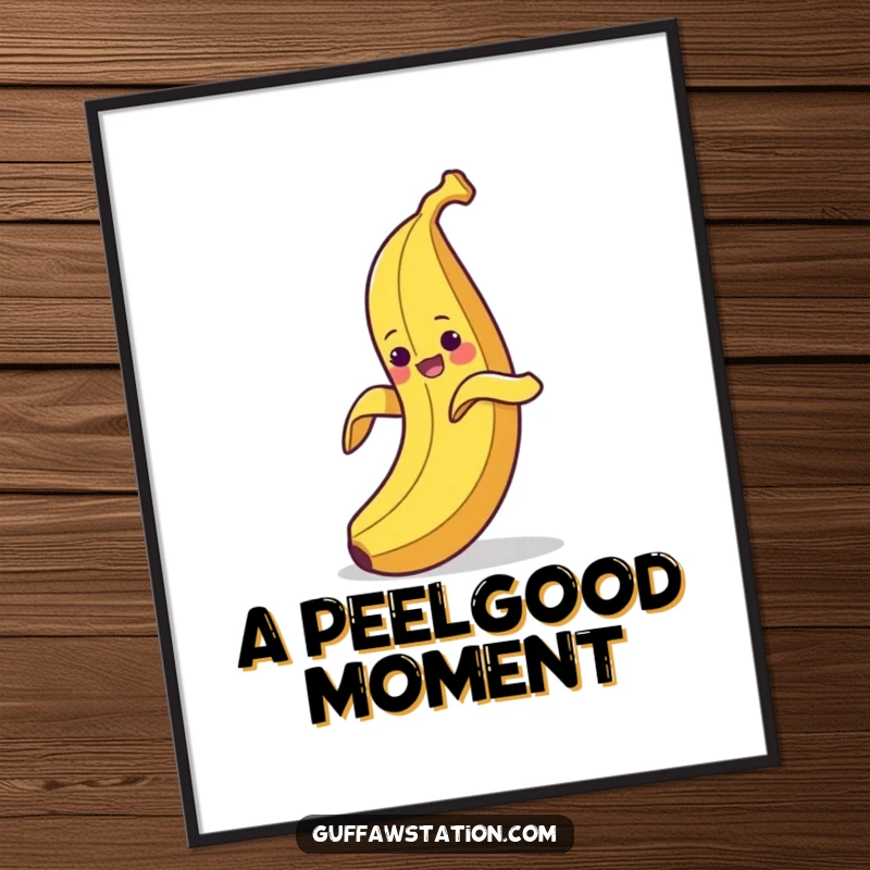 Funny poster illustrating a clumsy banana peeling itself and then hilariously slipping on its own peel, classic comedy art.