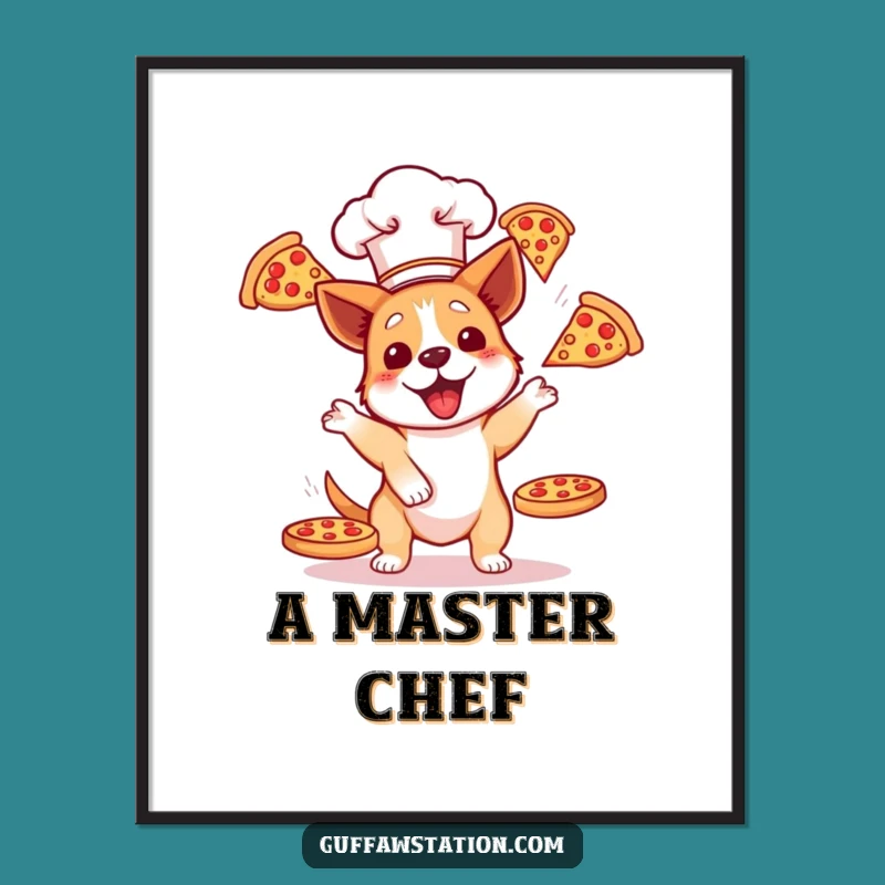 Funny Dog Chef Pizza Juggling Poster - Hilarious Wall Art for Kitchen and Gifts