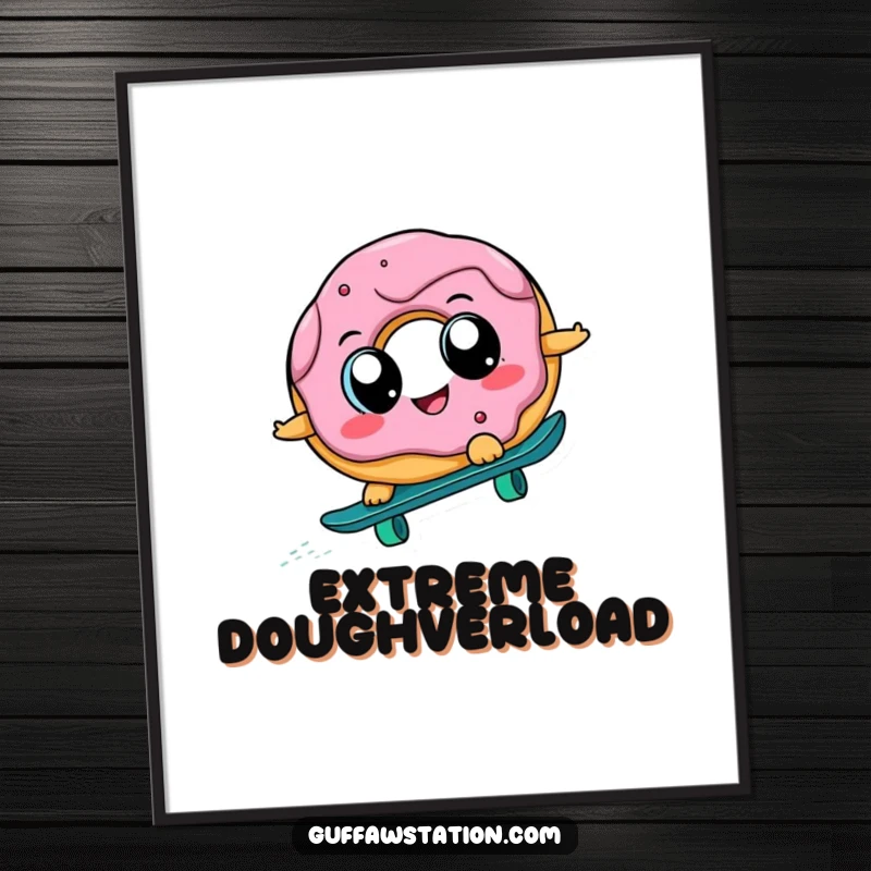 Funny, cheerful donut with big eyes skateboarding downhill, depicted as vibrant wall art, bringing humor and energy to any room.