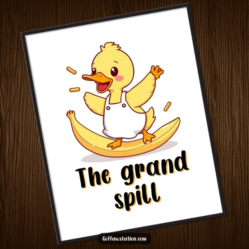 Funny Duck Poster: A duck in a tiny apron slipping on a banana peel, sending fries flying joyfully.