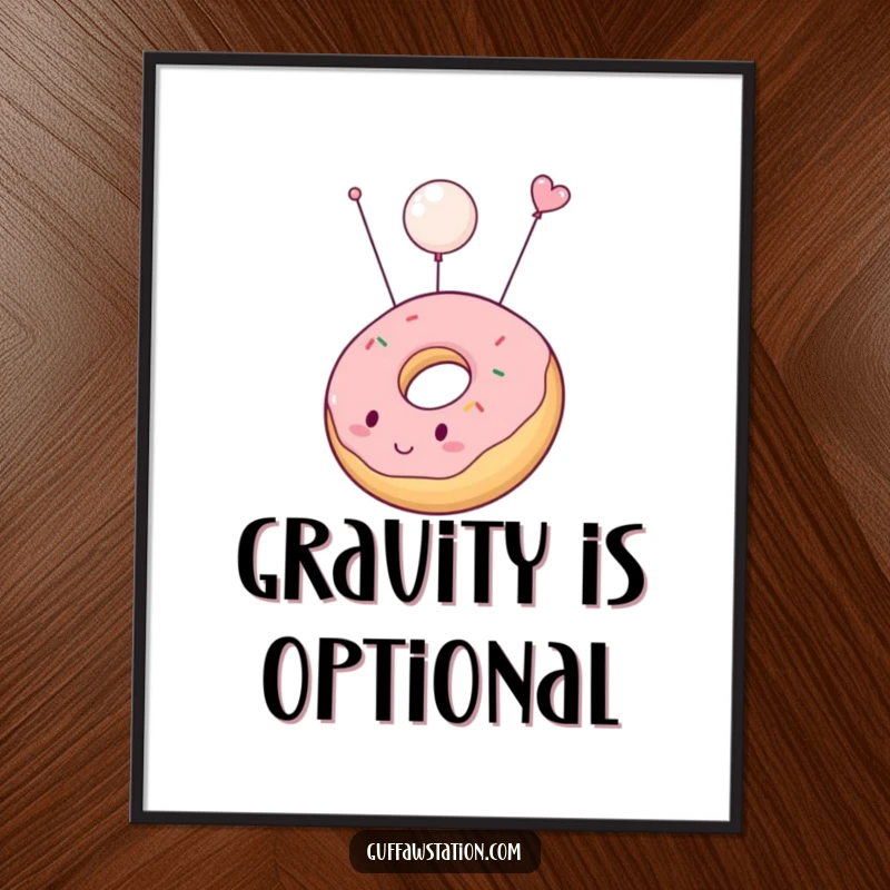 Funny poster depicting a chubby donut comically inflating and floating gently upwards, a charming and humorous piece of edible art.