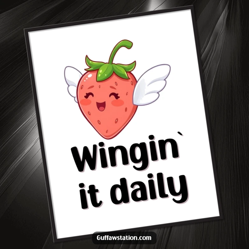 Funny poster showcasing a delighted strawberry with tiny wings, about to fly, bringing sweet cheer.
