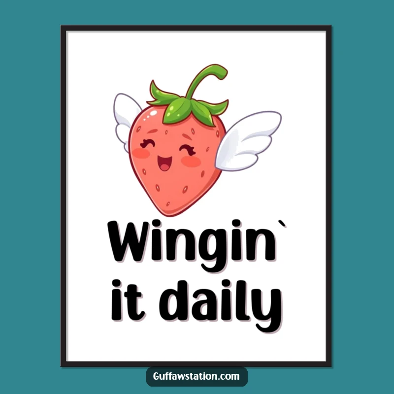 Funny Flying Strawberry Poster: Delighted Flight Art, Sweet Wall Decor Gift!