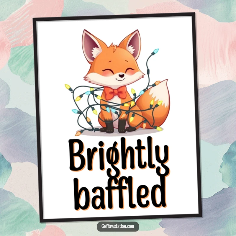 Funny poster art of a fox in a bowtie hilariously stuck in a large, tangled mass of colorful holiday lights, a festive visual gag.