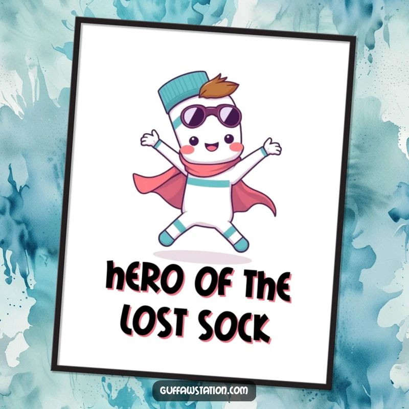 Funny poster art of a single sock in a dynamic superhero pose, embodying bravery and the search for its missing mate. Uplifting and humorous.