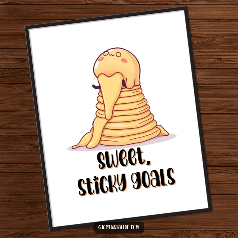 Funny poster artwork of a wobbly jelly blob climbing a mountain of pancakes, a whimsical cartoon illustration.
