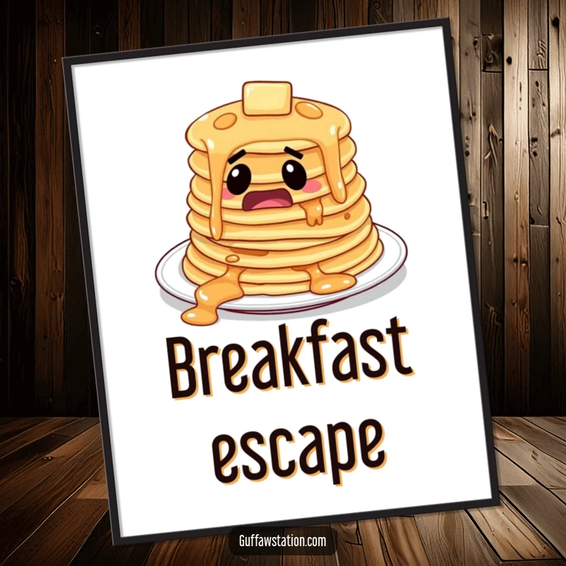 Funny startled pancakes comically sliding off a plate, creating delightful and funny poster art.