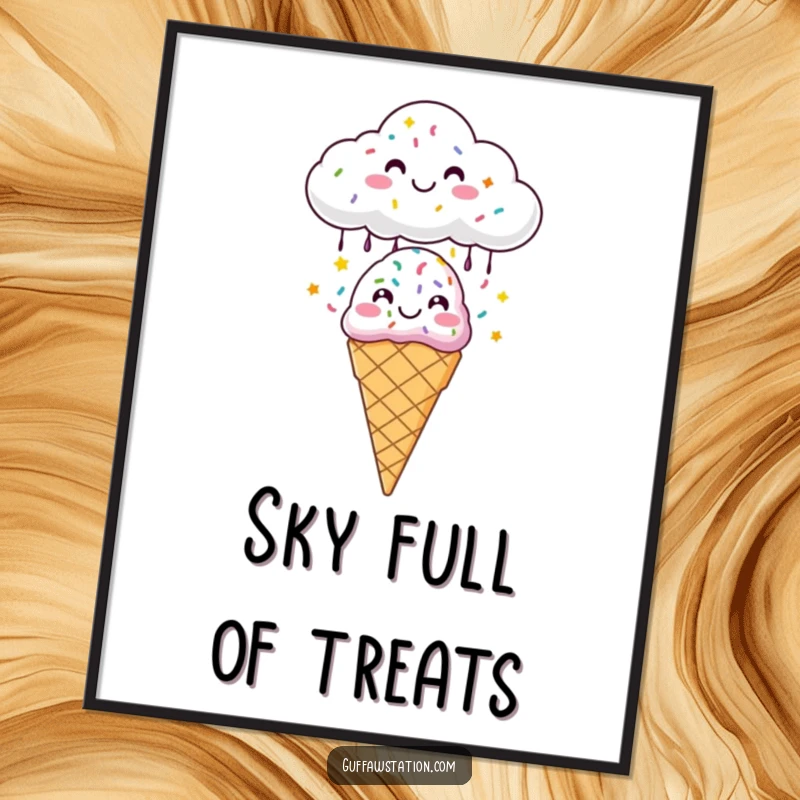 Funny poster showing a happy cloud raining colorful sprinkles onto a smiling ice cream cone, perfect for joyful wall decor.