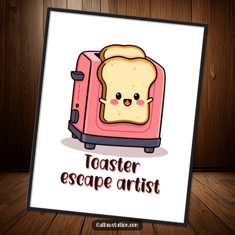 Funny poster illustrating a slice of toast dramatically jumping out of a toaster, designed to evoke laughter and amusement.