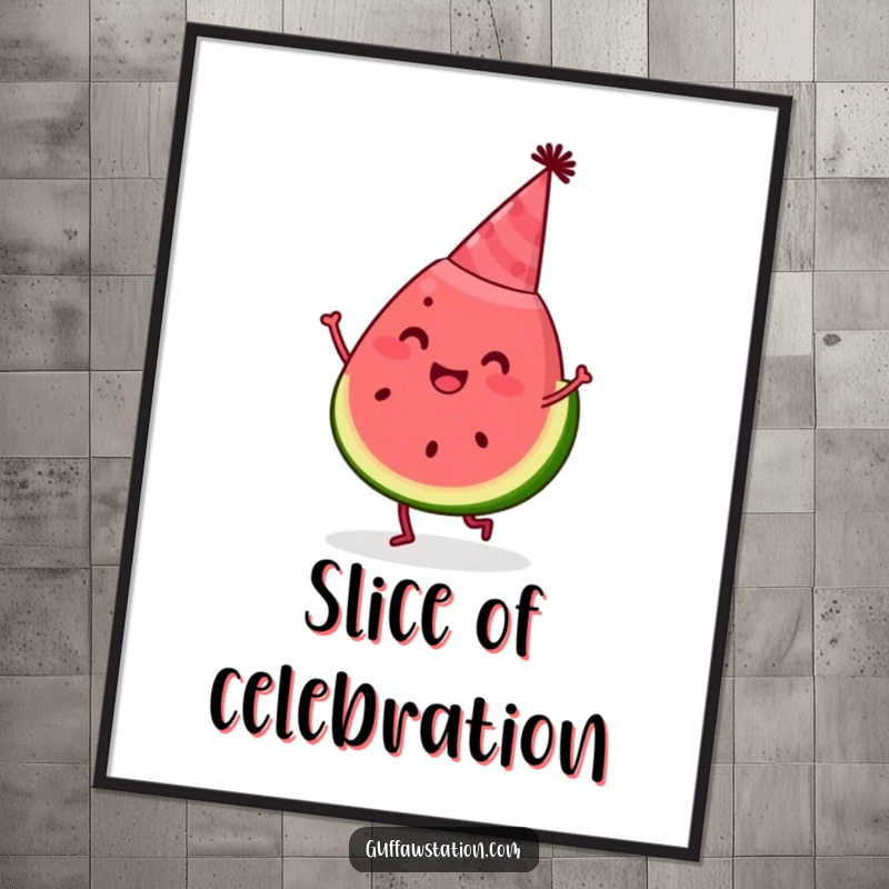 Funny watermelon poster showing a happy slice wearing a party hat and dancing, a cheerful and festive wall art.