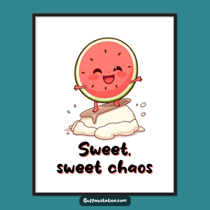 Funny Watermelon Surf Poster: Hilarious Giggling Character Art, Vibrant Funny Gift for Any Wall!