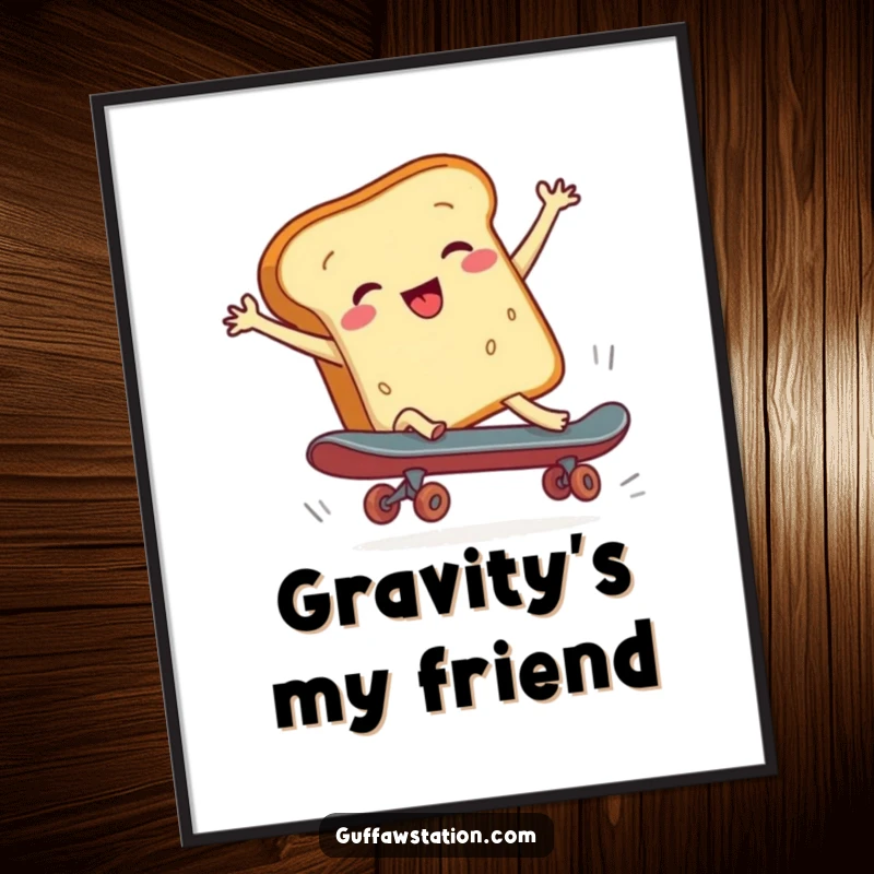 Funny poster artwork of a cheerful bread loaf falling dramatically while skateboarding, a vibrant and humorous cartoon illustration.