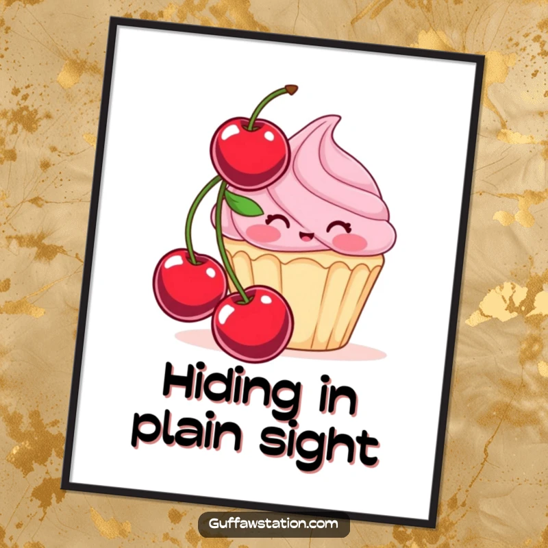 Funny poster depicting a shy, blushing cupcake trying to hide behind a comically large cherry, a charming and humorous piece of art.
