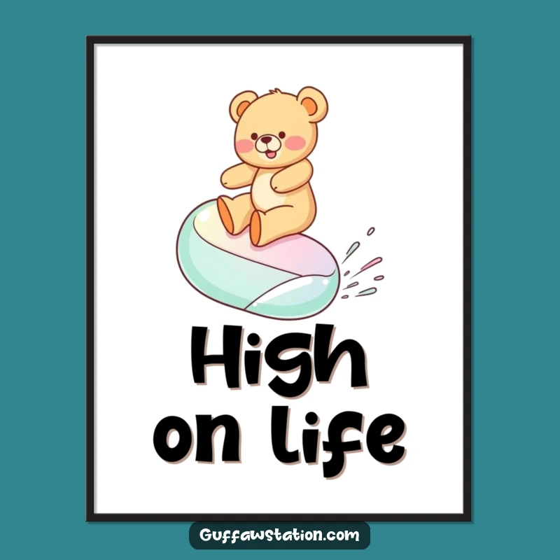 Funny Jelly Bean Surfing Teddy Bear Poster - Whimsical Cartoon Art & Funny Gift