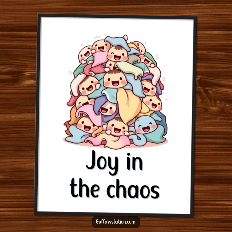 Funny laundry poster art of a tumbling pile of happy-faced clothes, bringing a whimsical and humorous decorative touch to walls.