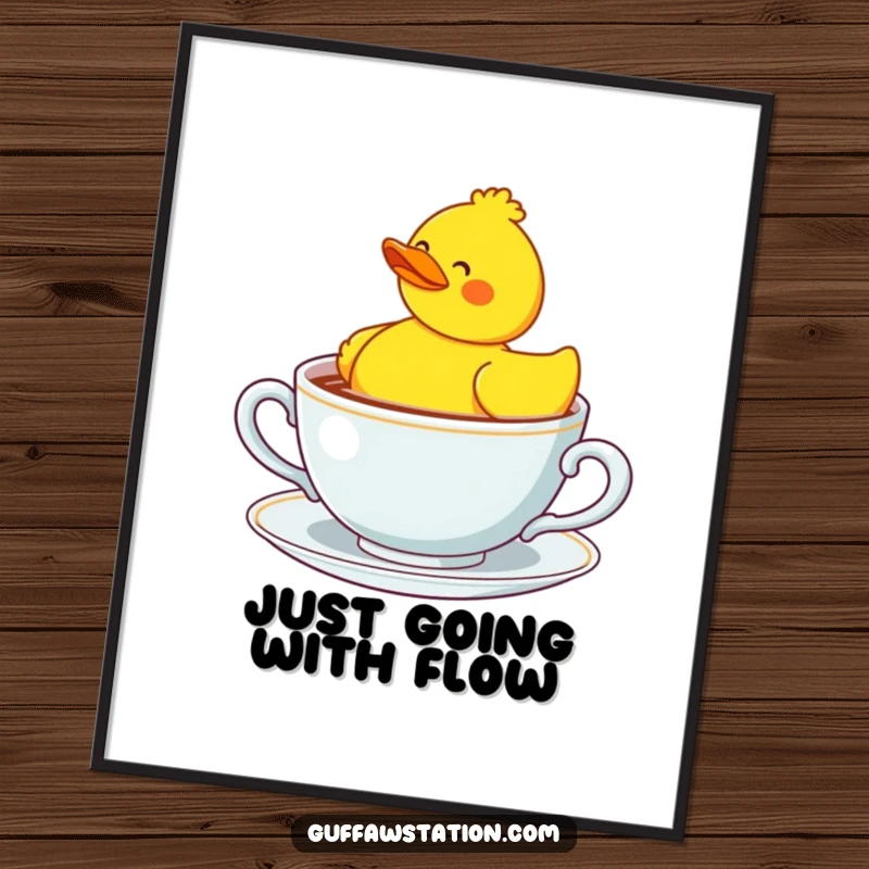 Funny confused rubber duck floating in a giant teacup, presented as humorous wall art.