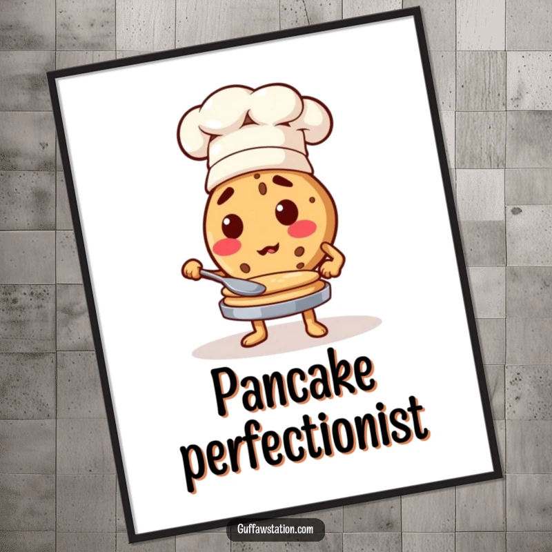 Funny cookie wearing a chef hat skillfully flipping pancakes, humorous kitchen wall art.