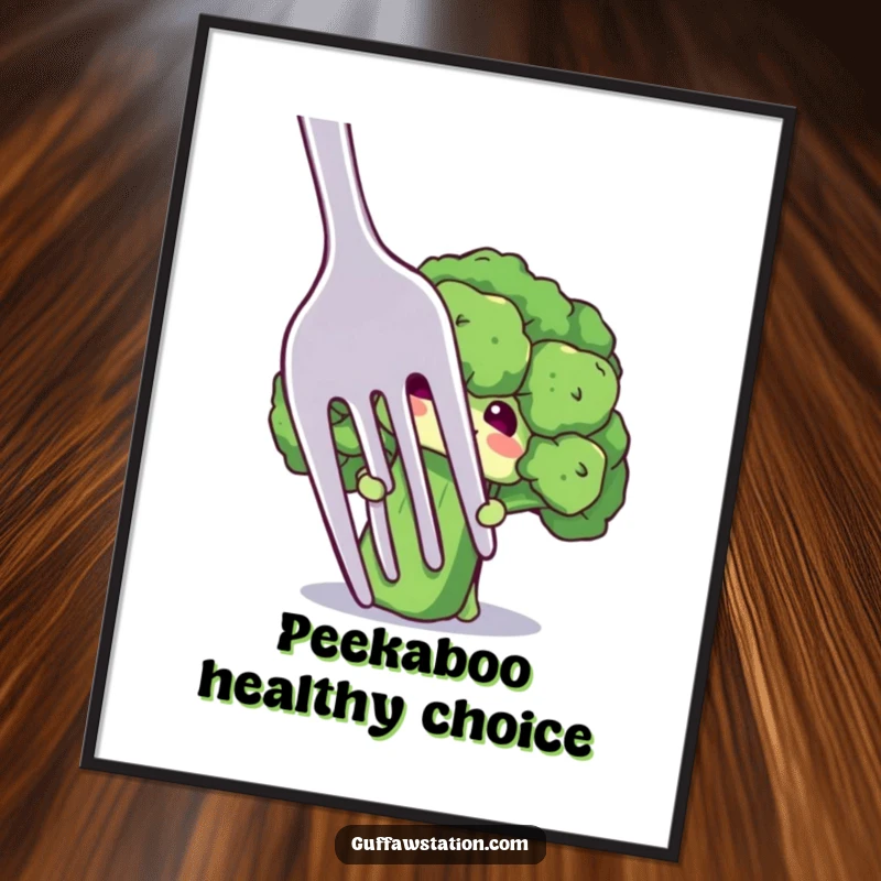Funny poster of a shy broccoli floret character peeking from behind a giant fork, a humorous and charming piece.
