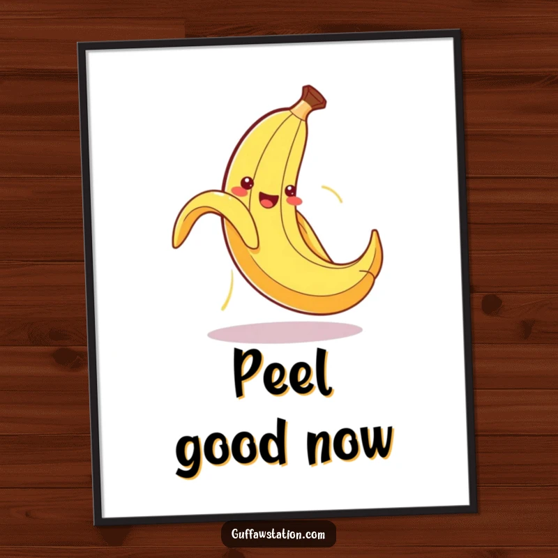 Funny poster capturing a cute banana peel hilariously slipping on its own peel, limbs flying in a comedic frenzy.