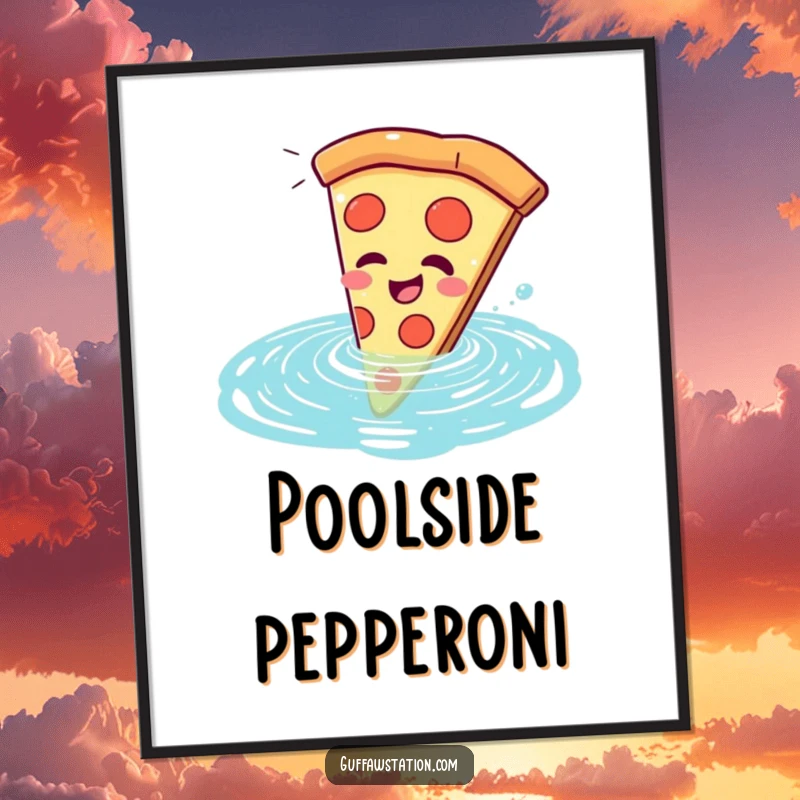 Funny pizza slice poster, giggling uncontrollably while comically falling into a swimming pool, a vibrant depiction of fun.