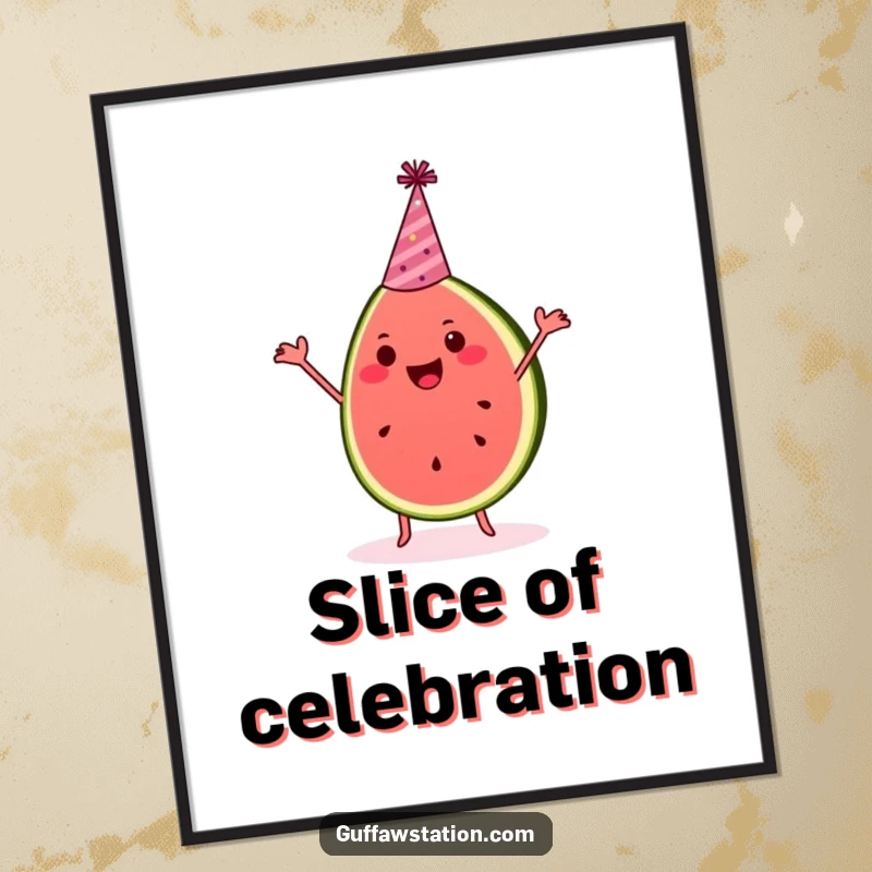 Funny watermelon party poster features a happy slice dancing with a festive party hat, embodying pure summer celebration.