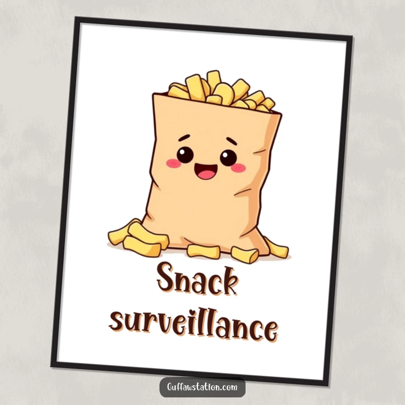 Funny mischievous potato peeking from behind a large bag of chips, displayed as humorous wall art poster.