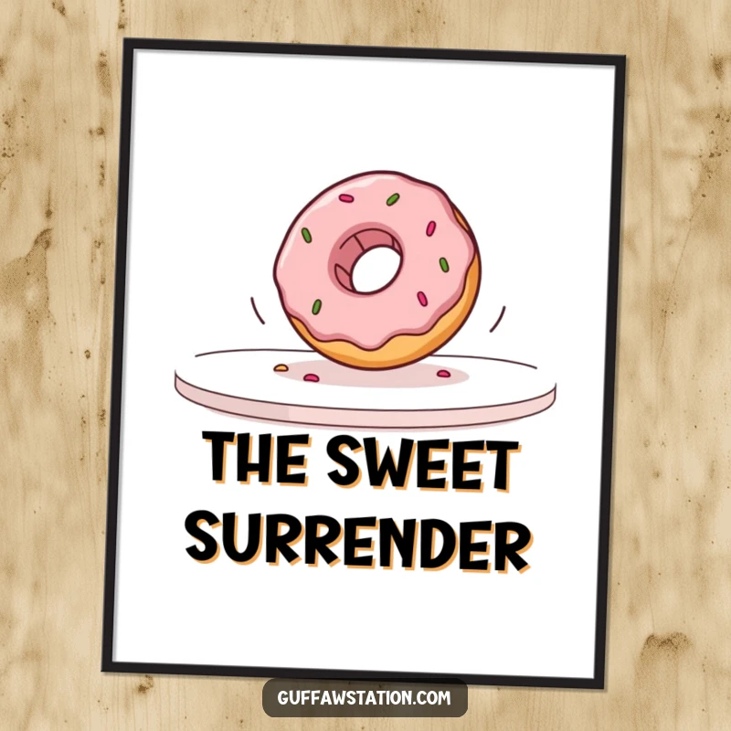 Funny donut rolling off a table in slow motion, artistic and humorous wall decor, perfect for kitchens or dining areas.