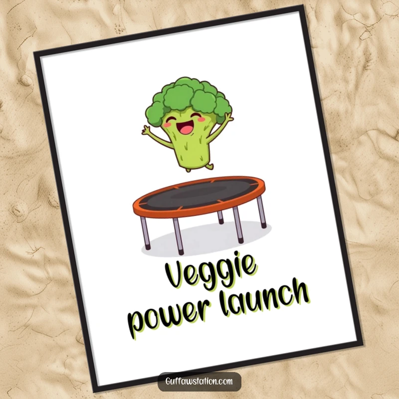 Funny poster art of a giggling broccoli launching itself from a trampoline into the air, adding energetic decor.