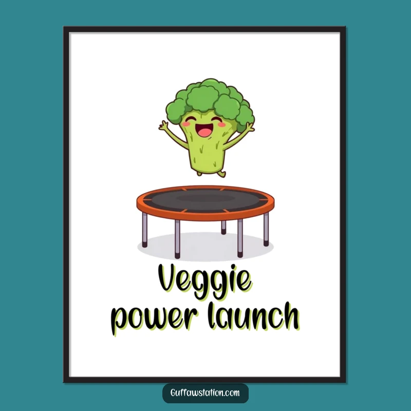 Funny Broccoli Decor Poster: Giggling Veggie Trampoline Art, Whimsical Funny Gift for Walls