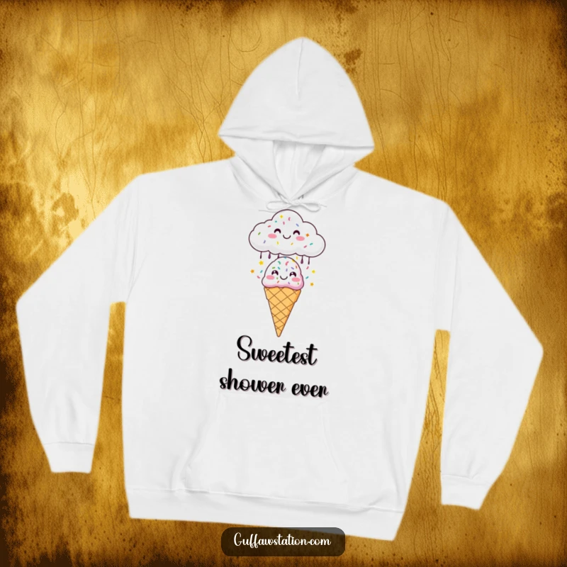 Funny hoodie depicting a happy cloud raining colorful sprinkles onto a smiling ice cream cone, perfect for cozy, cheerful wear.