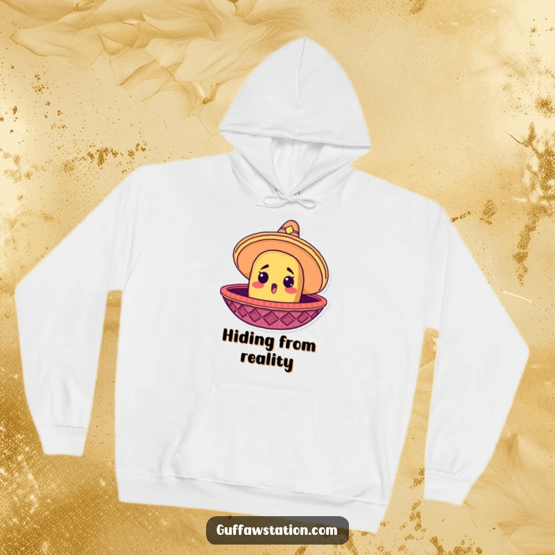 Funny hoodie featuring a surprised taco head peeking from a giant sombrero, perfect for cozy celebrations.