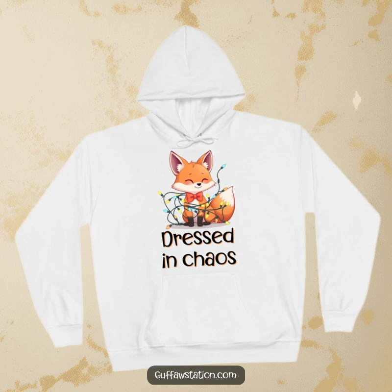 Funny hoodie featuring a fox wearing a bowtie stuck in a jumble of festive holiday lights, providing cozy and humorous winter apparel.