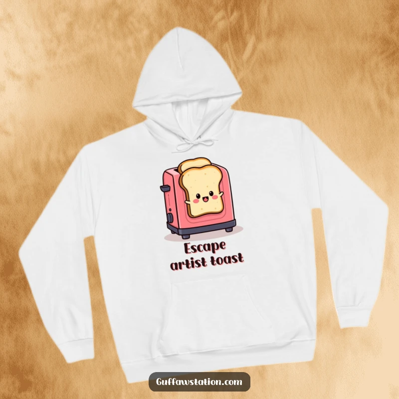 Funny hoodie showcasing a determined slice of toast jumping out of a toaster, perfect for cozy, humorous lounging.