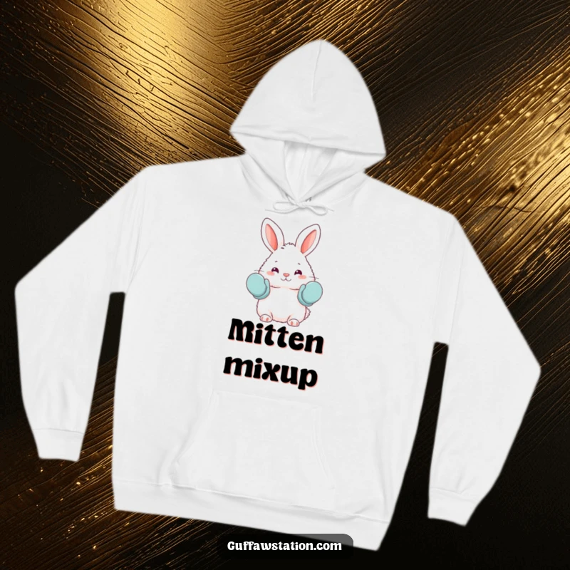 Funny hoodie depicting a fluffy bunny adorably wearing oven mitts as mittens, combining comfort with a humorous and endearing baking theme.