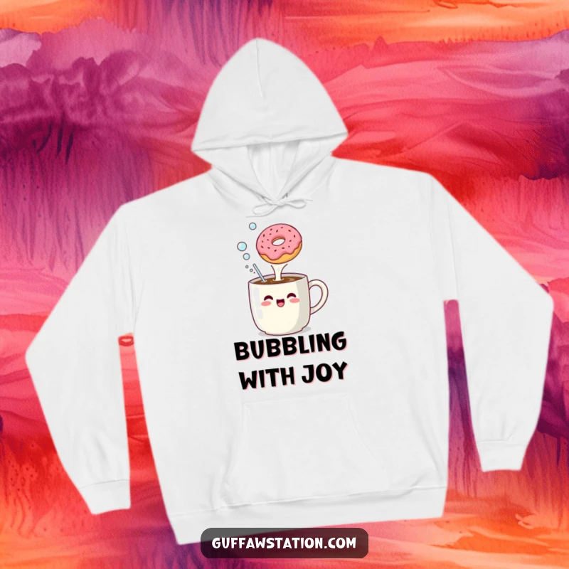 Funny hoodie showing a coffee mug enthusiastically belching bubbles at a floating donut, soft and amusing.