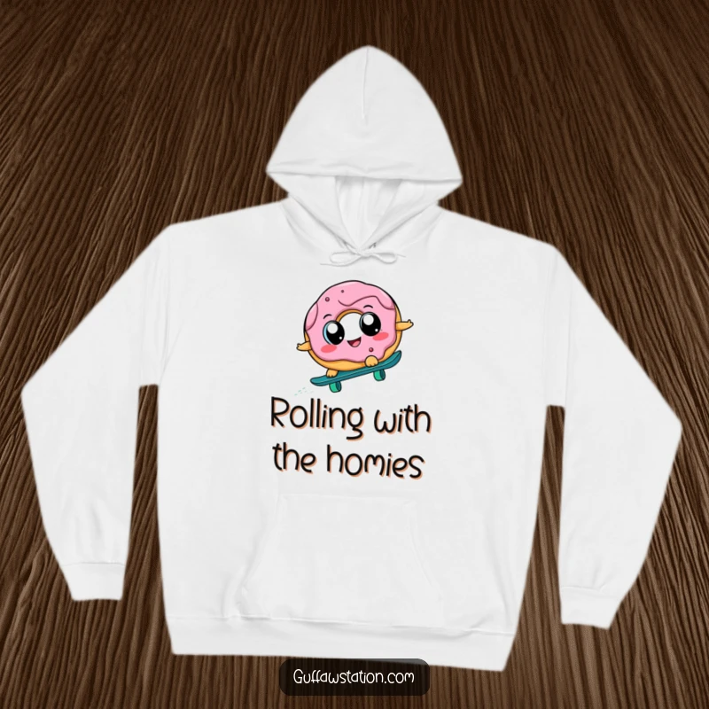 Funny donut character attempting to skateboard downhill, printed on a soft, warm hoodie, embodying a humorous and energetic vibe.