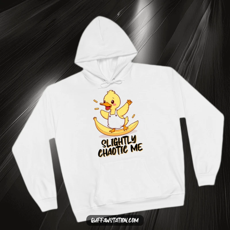 Funny Duck Hoodie: A duck in an apron tripping, flinging fries, bringing cozy comfort and hilarious kitchen chaos.
