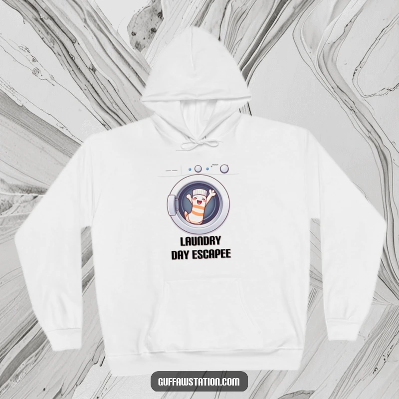 Funny Hoodies: A triumphant sock waves goodbye, escaping the washing machine in a hilarious act of laundry defiance, perfect for cozy laughs.