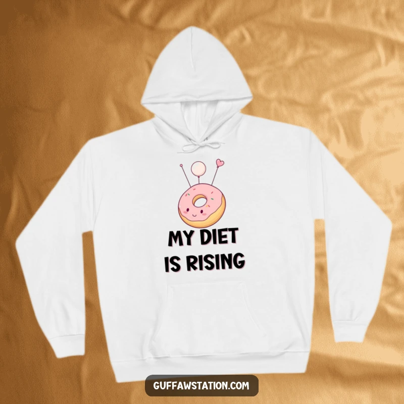Funny hoodie featuring a chubby donut inflating and floating gently upwards, a warm and humorous garment for sweet comfort.