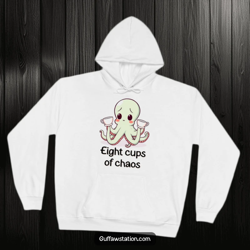 Funny, surprised octopus wearing multiple teacups on its tentacles, printed on a soft and funny hoodie.