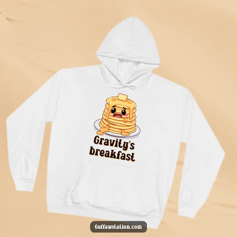 Funny startled pancakes sliding off a plate, printed on a soft and funny hoodie.
